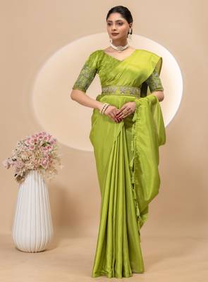 Pista chinon silk saree with embrodery work blouse and waist belt 3