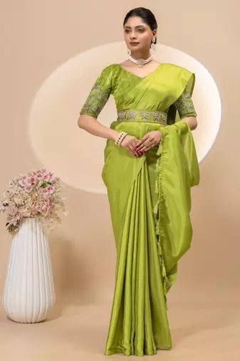 Pista chinon silk saree with embrodery work blouse and waist belt
