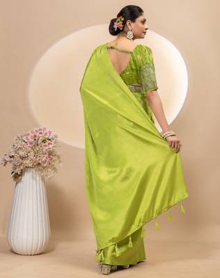 Pista chinon silk saree with embrodery work blouse and waist belt 4