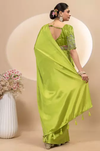 Pista chinon silk saree with embrodery work blouse and waist belt