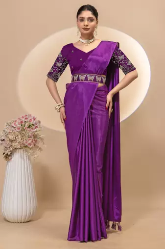 Wine chinon silk saree with embrodery work blouse and waist belt