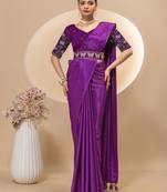 Wine chinon silk saree with embrodery work blouse and waist belt