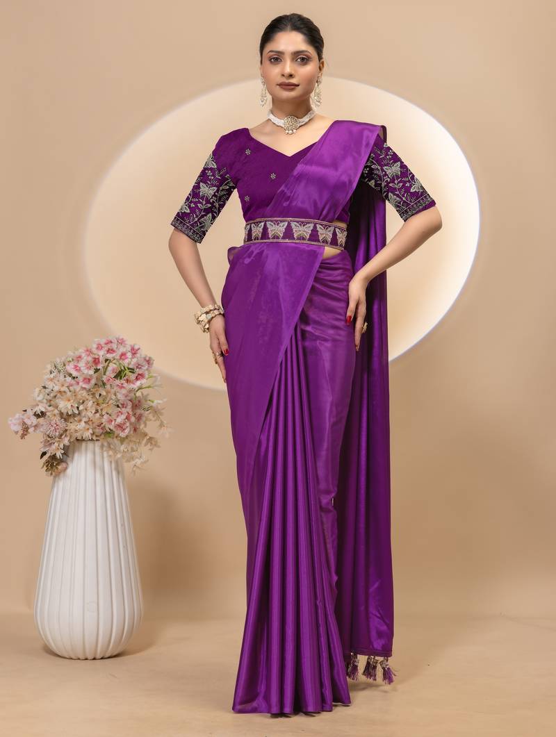 Wine chinon silk saree with embrodery work blouse and waist belt