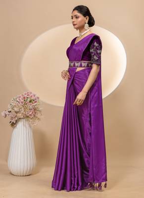 Wine chinon silk saree with embrodery work blouse and waist belt 2