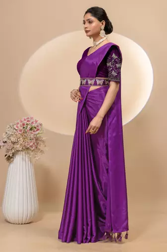 Wine chinon silk saree with embrodery work blouse and waist belt