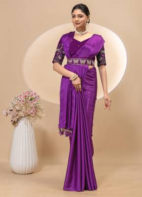 Wine chinon silk saree with embrodery work blouse and waist belt 3