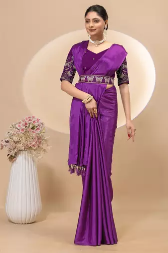 Wine chinon silk saree with embrodery work blouse and waist belt