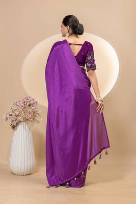 Wine chinon silk saree with embrodery work blouse and waist belt 4