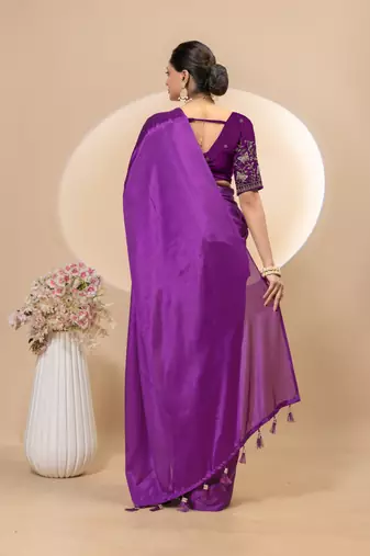Wine chinon silk saree with embrodery work blouse and waist belt