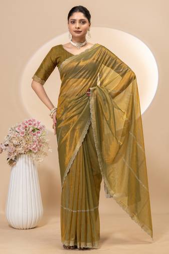 Gold twill net saree with siroski work and blouse