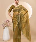 Gold twill net saree with siroski work and blouse