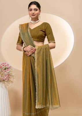 Gold twill net saree with siroski work and blouse 4
