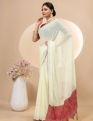 Cream georgette saree with siroski work and bandhni print pallu and blouse 2