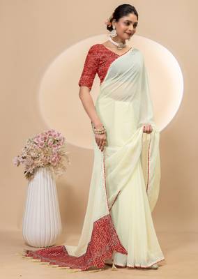 Cream georgette saree with siroski work and bandhni print pallu and blouse 4