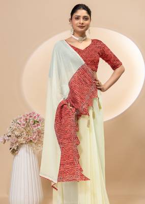 Cream georgette saree with siroski work and bandhni print pallu and blouse 5