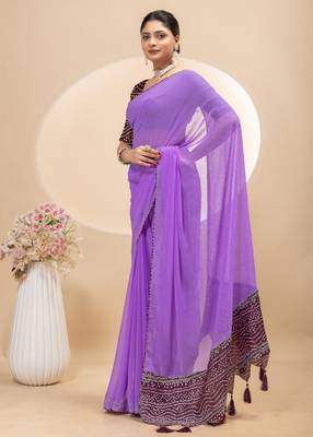 Purple georgette saree with siroski work and bandhni print pallu and blouse 2
