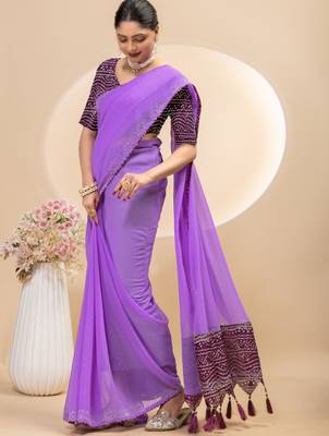 Purple georgette saree with siroski work and bandhni print pallu and blouse 4