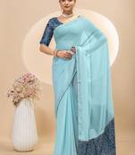 Sky blue georgette saree with siroski work and bandhni print pallu and blouse