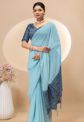 Sky blue georgette saree with siroski work and bandhni print pallu and blouse 5