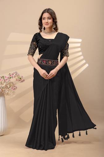 Black chinon silk saree with embrodery work blouse and waist belt