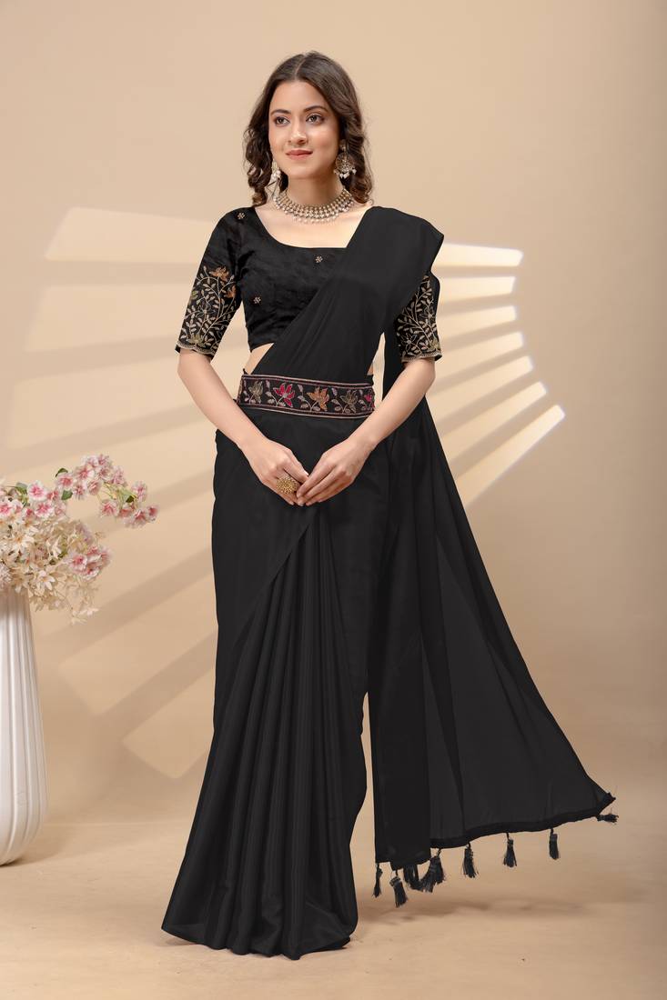 Black chinon silk saree with embrodery work blouse and waist belt