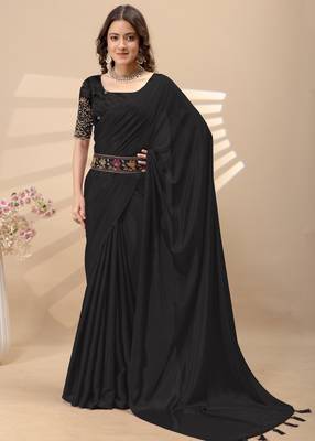 Black chinon silk saree with embrodery work blouse and waist belt 2