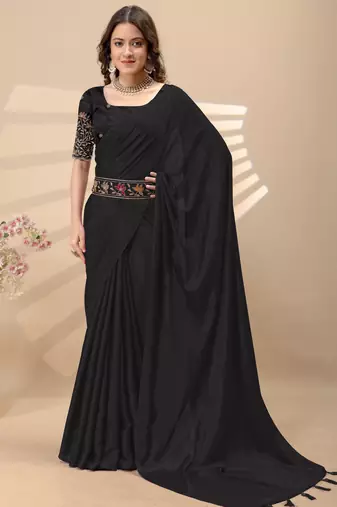 Black chinon silk saree with embrodery work blouse and waist belt