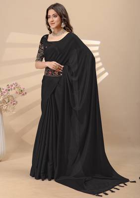 Black chinon silk saree with embrodery work blouse and waist belt 3