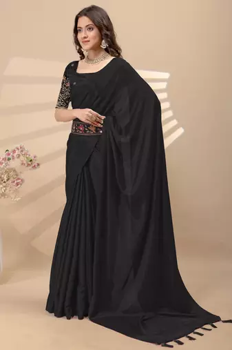 Black chinon silk saree with embrodery work blouse and waist belt
