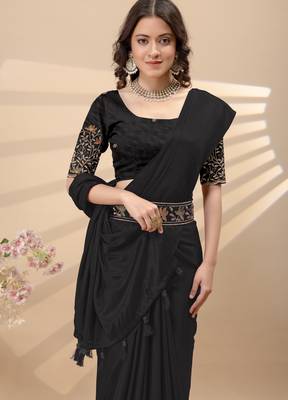 Black chinon silk saree with embrodery work blouse and waist belt 5