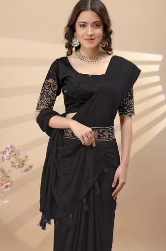 Black chinon silk saree with embrodery work blouse and waist belt