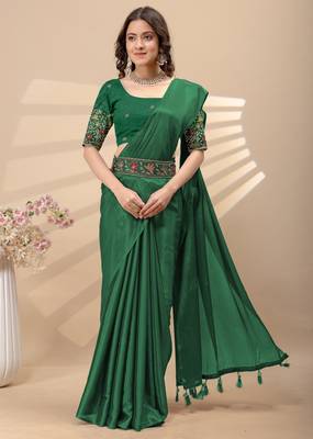 Green chinon silk saree with embrodery work blouse and waist belt 1