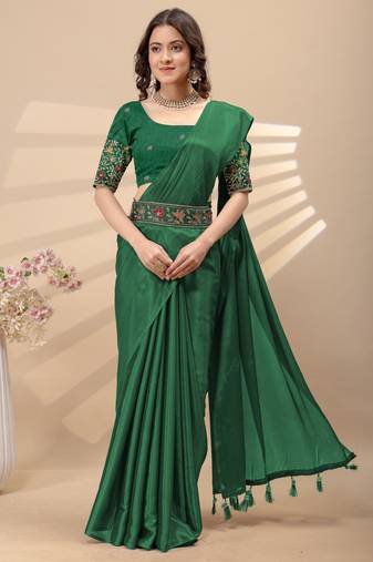 Green chinon silk saree with embrodery work blouse and waist belt