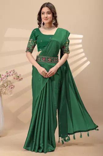 Green chinon silk saree with embrodery work blouse and waist belt