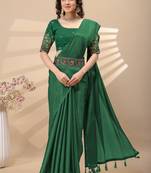 Green chinon silk saree with embrodery work blouse and waist belt