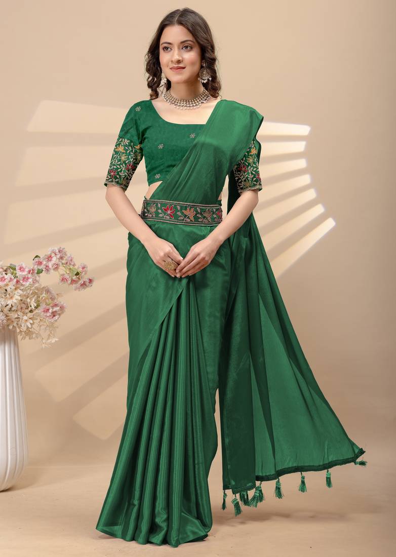 Green chinon silk saree with embrodery work blouse and waist belt