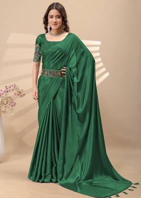 Green chinon silk saree with embrodery work blouse and waist belt 2