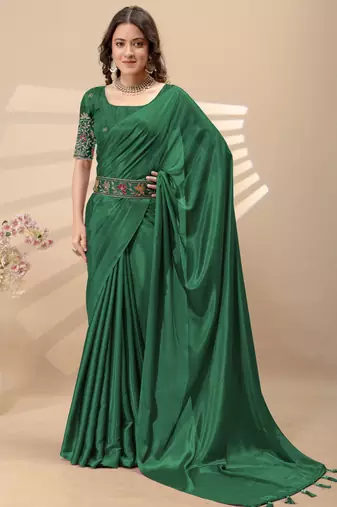 Green chinon silk saree with embrodery work blouse and waist belt