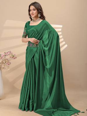 Green chinon silk saree with embrodery work blouse and waist belt 3