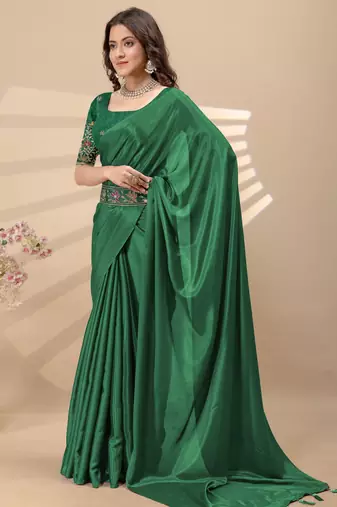 Green chinon silk saree with embrodery work blouse and waist belt