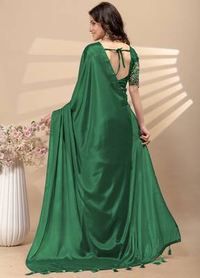 Green chinon silk saree with embrodery work blouse and waist belt 4