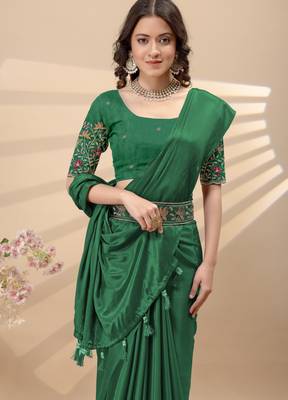 Green chinon silk saree with embrodery work blouse and waist belt 5
