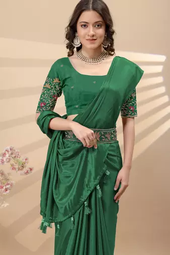 Green chinon silk saree with embrodery work blouse and waist belt