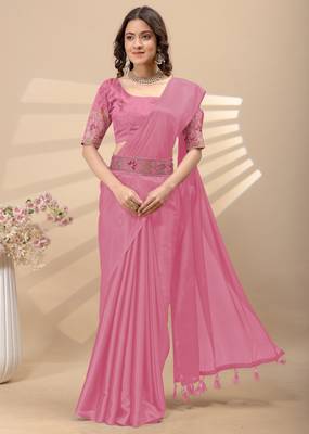 Pink chinon silk saree with embrodery work blouse and waist belt 1