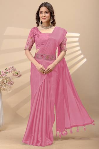 Pink chinon silk saree with embrodery work blouse and waist belt