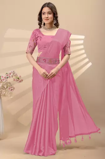 Pink chinon silk saree with embrodery work blouse and waist belt