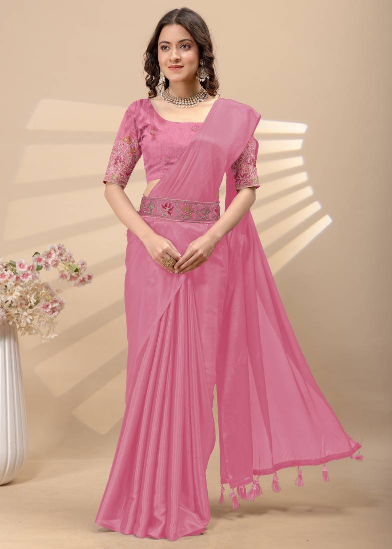 Pink chinon silk saree with embrodery work blouse and waist belt
