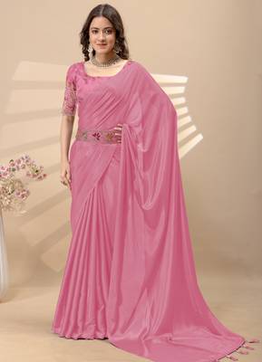 Pink chinon silk saree with embrodery work blouse and waist belt 2