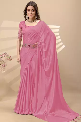 Pink chinon silk saree with embrodery work blouse and waist belt