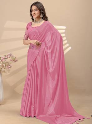 Pink chinon silk saree with embrodery work blouse and waist belt 3